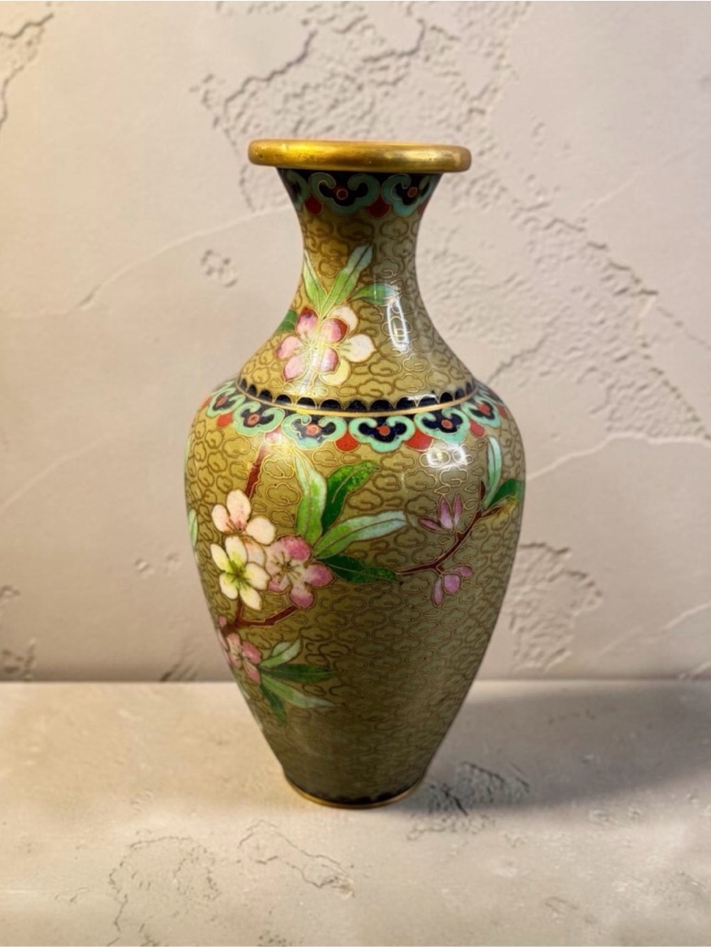 VINTAGE CLOISONNÉ CHERRY BLOSSOM VASE – 6” ENAMEL BRASS DECOR